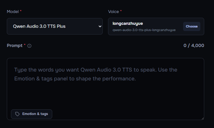 Enter your prompt and choose a voice — Qwen Audio 3.0 TTS how-to step 1
